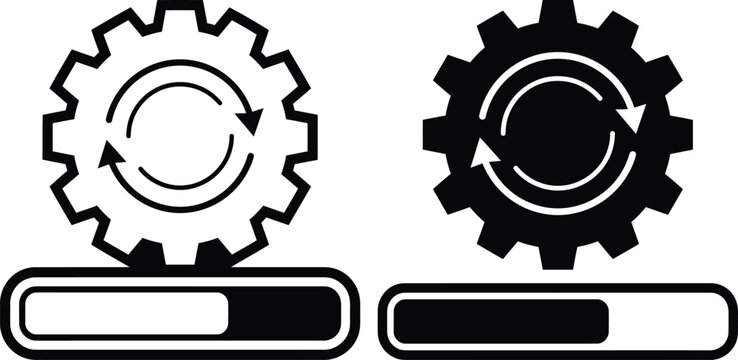 Gear rotation loading bar progress icon set for industrial processing and system updates with progress rotation industrial