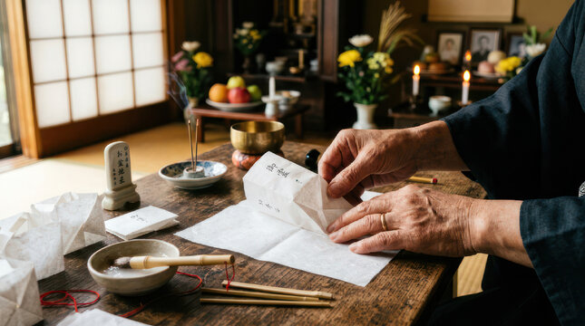Person performing Japanese funeral rites with documents and incense.