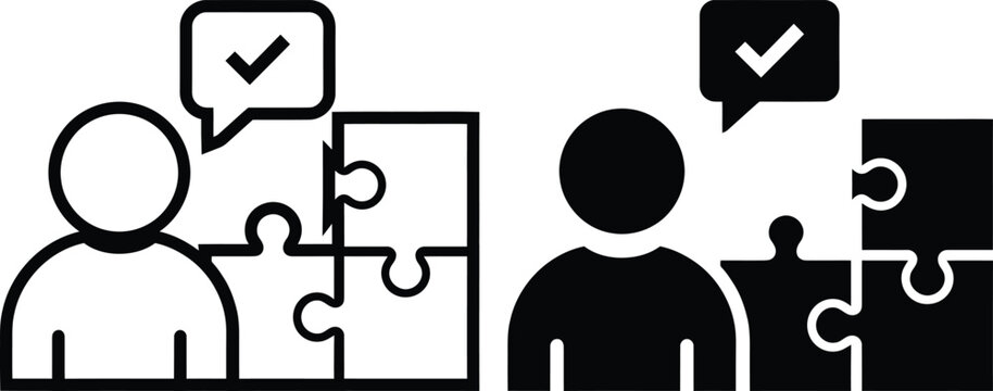 Person assembling puzzle pieces with success checkmark thought process solution checkmark strategy business complete
