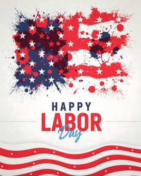 Happy labor day greeting card with artistic american flag watercolor paint splatter and stripes background