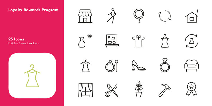 Loyalty rewards program line icon set for customer engagement and retail marketing strategy graphics