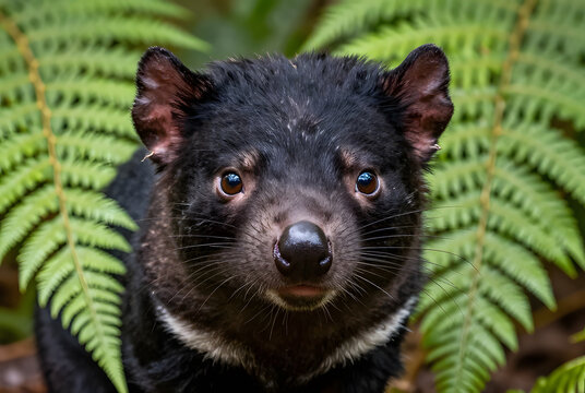 A close-up portrait of a Tasmanian devil framed by vibrant green fern leaves, direct eye contact with the camera, natural catchlight in the eyes, incredibly detailed whiskers and fur, wildlife