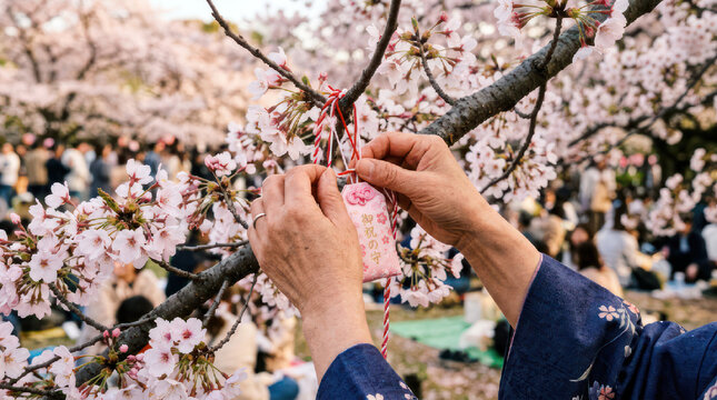 Person tying ribbon on cherry blossom tree branch during spring festival.