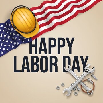 Happy labor day greeting card with a yellow hard hat and metal tools on american flag background