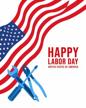 Happy labor day greeting card with american flag and various construction tools on white background