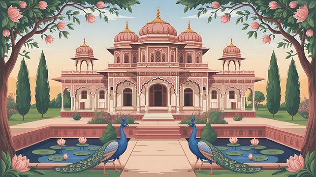 Create a Mughal style Jaipur palace garden, temple, arch with column, tropical plant, peacock, bird, floral decorative frame, border. Indian pichwai garden illustration for greeting card, vector art .