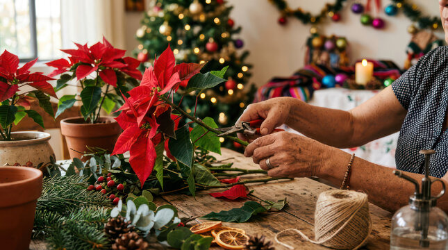 Woman arranging poinsettias and festive greenery for Christmas decorations.