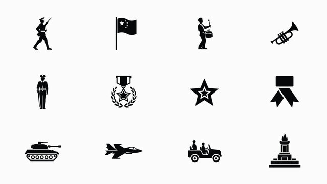 Military and patriotic symbols black illustrations bundle for editorial use with minimalist black silhouettes depicting military musical instruments against clean background