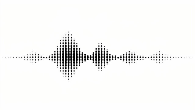 Abstract sound wave pattern composed of tiny black dots on a clean white background representing audio