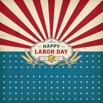 Vintage happy labor day celebration background with red and white sunburst stripes and blue star pattern