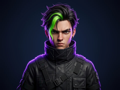 3D portrait of a serious cyberpunk young man.