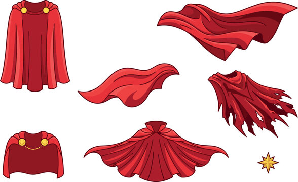 Red Superhero Cape Vector Set with Waving Royal Mantle, Cloak, and Tattered Ragged Fabric Elements