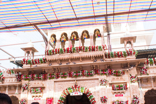 Entry of rat temple that is Karni mata mandir decorated with flowers during festival