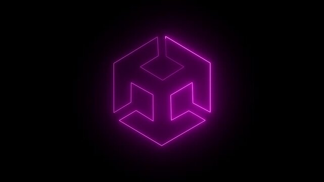 Unity icon animation by pink color on black background. 3d modeling, isometric cube with axes. BIM Technology Icon Ideal for Building Information Modeling and Architecture. 4k animation video