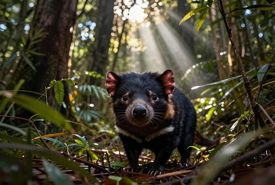 A front-facing Tasmanian devil emerging from dense temperate rainforest vegetation, shafts of sunlight piercing through towering trees, lifelike facial features, dramatic natural lighting