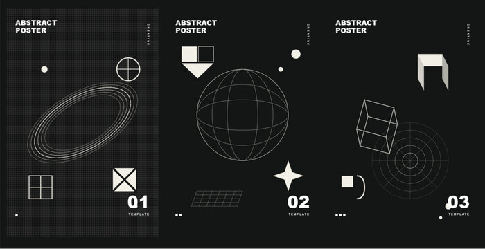 Abstract posters with geometric wireframe shapes and grids