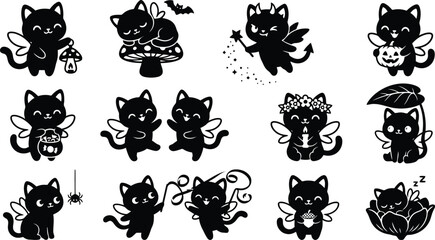 Collection of adorable black kitten silhouettes with fairy wings, engaged in various magical and playful activities on a white background © Shahriar