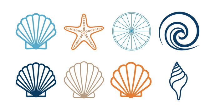 Seashell icons featuring colorful starfish, sand dollar, scallop, conch shell, and marine life symbols in minimalist line, flat, and colored vector styles for beach, coastal, ocean, and summer design 