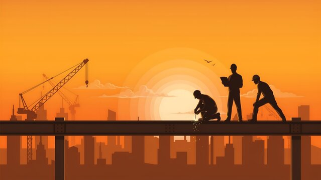 Silhouettes of construction workers and engineers working on a building site during a beautiful orange sunset