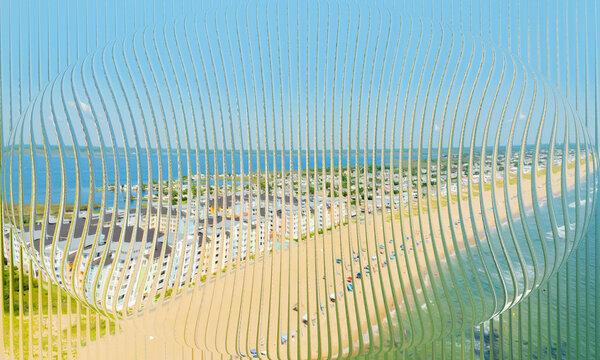 Abstract 3D spherical lens distortion of beach resort town and ocean view through vertical slats
