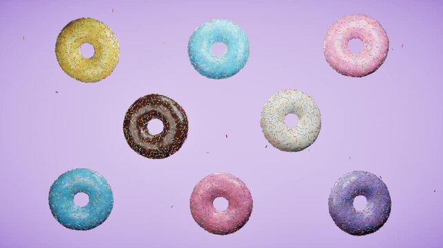 Colorful donuts floating on purple background. 3d rendering