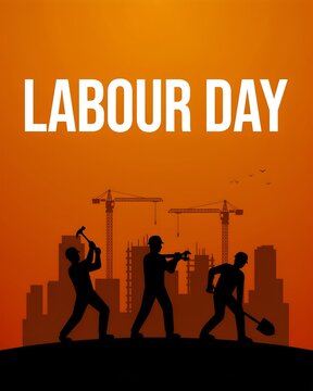 Labour day celebration poster featuring silhouettes of construction workers against an orange urban cityscape background