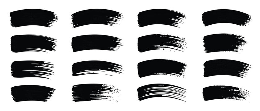 Vector set of black curved paint brush strokes isolated on white background hand drawn ink textures for artistic designs collection of grunge smudges for creative compositions.
