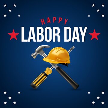 Happy labor day greeting card design with construction tools and yellow safety helmet on blue background