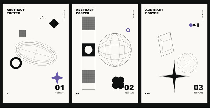 Abstract posters with geometric shapes and wireframe elements