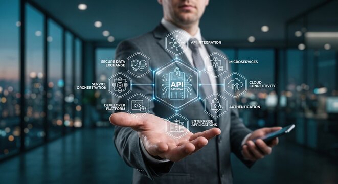 IT professional presenting a holographic API gateway and secure data exchange dashboard.