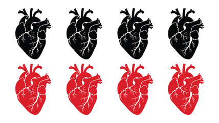 Heart icons with romantic love, relationship, and decorative symbol variations in black and red minimalist vector styles isolated on white background for greeting cards, wedding invitations, branding, © MD. ARIF ISLAM