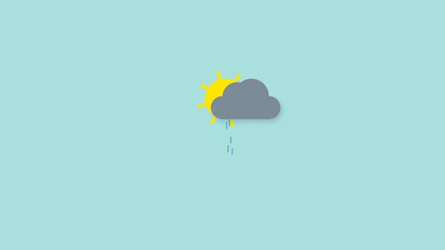 4K 2D flat design weather animation featuring a moving rain cloud, falling raindrops, and a spinning yellow sun. Seamless looping motion graphic perfect for backgrounds and explainer videos.