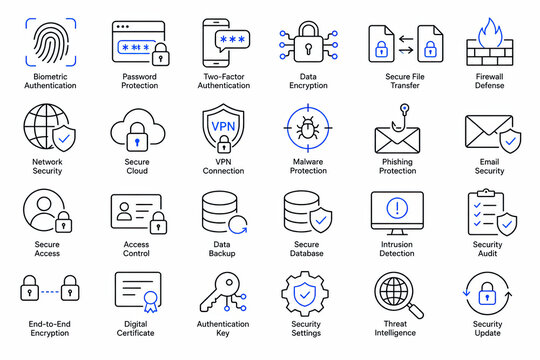 Set of modern line business and technology icons on white background