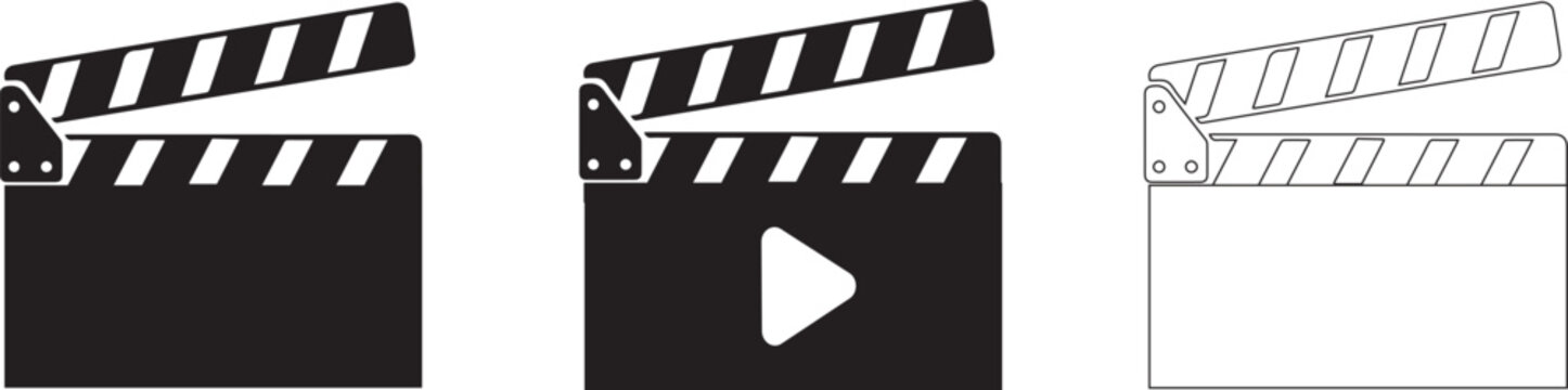 Movie clapperboard icons representing film production and cinema in three different graphic styles. set 