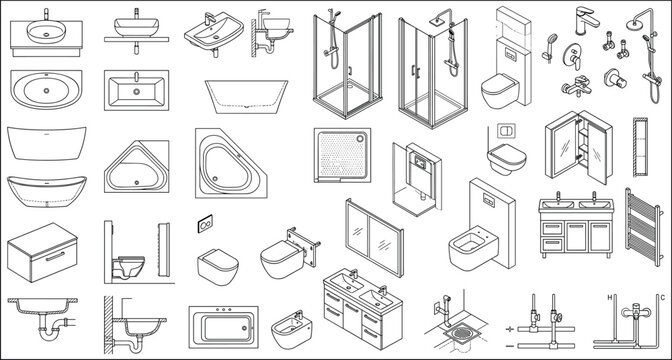 Bathroom Fixtures CAD Blocks Collection with Sinks Toilets Showers Bathtubs Vanities Plumbing Symbols and Architectural Top Views