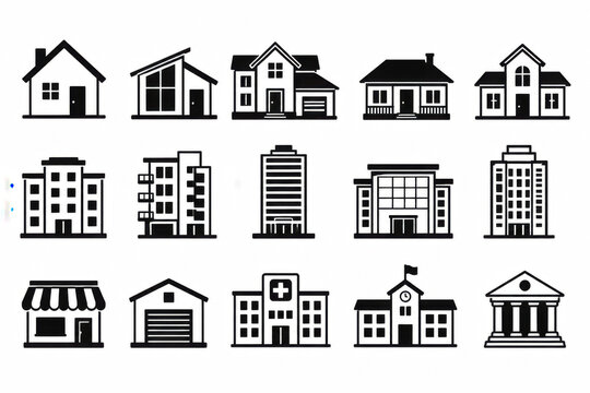 Set of black building icons representing various house and office structures