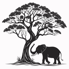 Fototapeta premium Black silhouette of an elephant with trunk raised standing under a large tree elephant silhouette