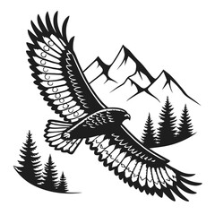 Fototapeta premium Black and white graphic illustration of an eagle soaring over mountains and pine forest