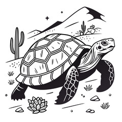 Fototapeta premium Graphic illustration of a tortoise in a desert landscape with cacti and mountains, tortoise