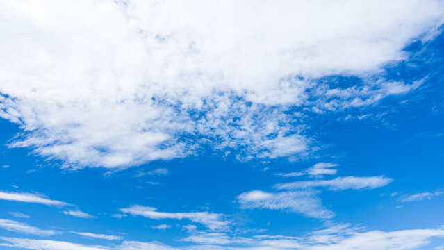 Blue sky partially covered with scattered wispy and mottled clouds thinning toward clear patches near the horizon.