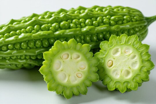 Fresh whole bitter melon with two cut slices on white background. Green vegetable momordica charantia with bumpy skin. Raw organic fruit for healthy diet alternative herbal medicine. Asian cooking