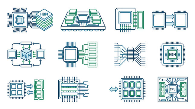 Corporate Infographic Showing Various High Bandwidth Memory HBM and CPU Integration Architectures in Blue and Green