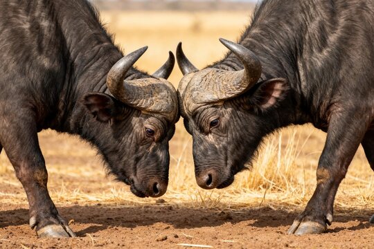 Two African buffalo locking horns in the savanna