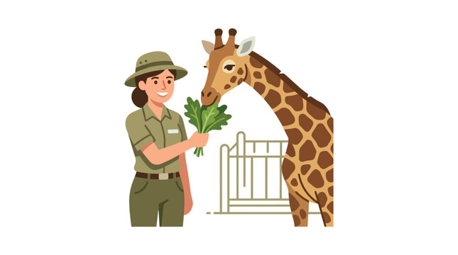 A friendly zoo keeper feeding a giraffe with fresh green leaves.