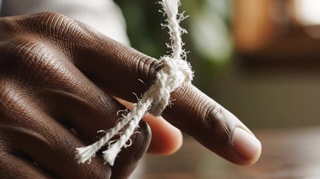 Close up shot of a hand with dark skin tone holding a rope tied around a finger as a reminder concept