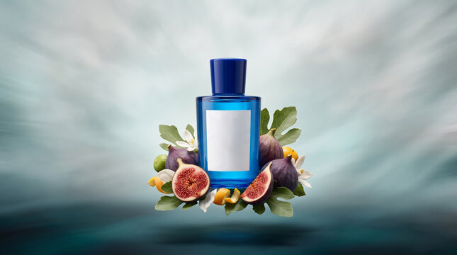 Blue perfume bottle mockup floating with fresh figs on blue background