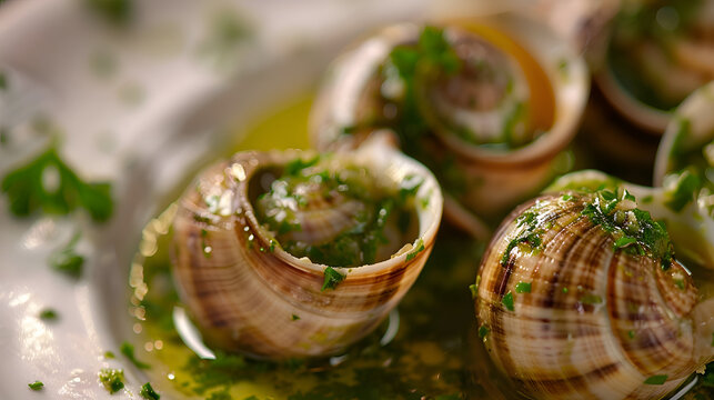 Gourmet escargot dish with fresh parsley and garlic butter sauce