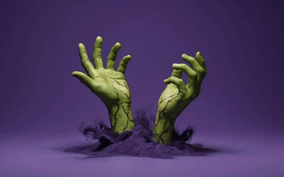 Two green zombie hands emerging from a pile of dark purple dust against a solid purple background, featuring visible veins and textured skin details for a spooky halloween concept visual