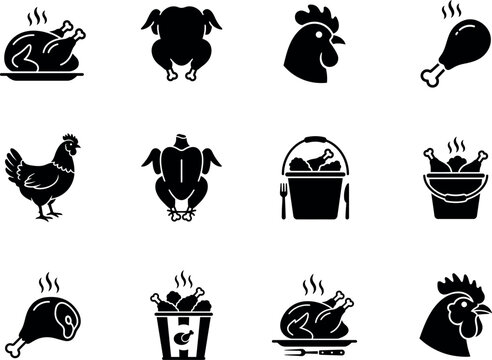 Black silhouette chicken and fried chicken icons set for food industry design