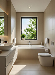 Obraz premium Bright modern bathroom with beige tiles, white bathtub. Large window shows green trees outside. Elegant sink vanity with mirror, toilet set in cozy room. Comfortable wellness space featuring natural